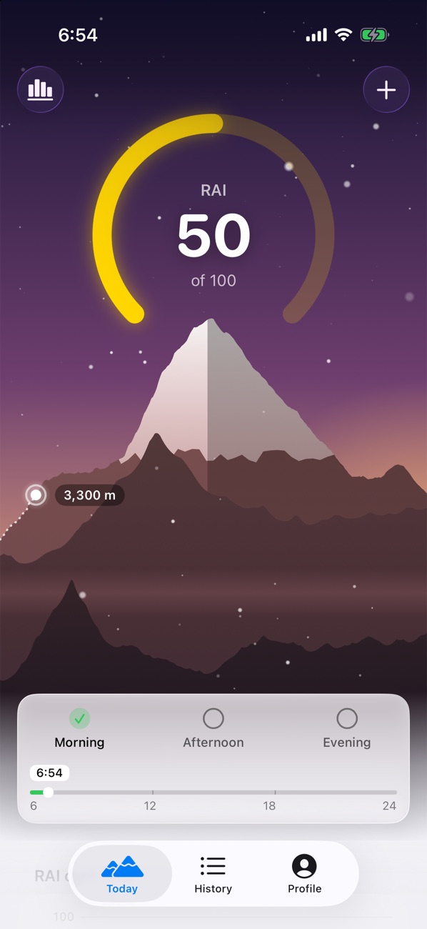 Rarefa's Today screen: RAI 50 of 100 at 3,300 m